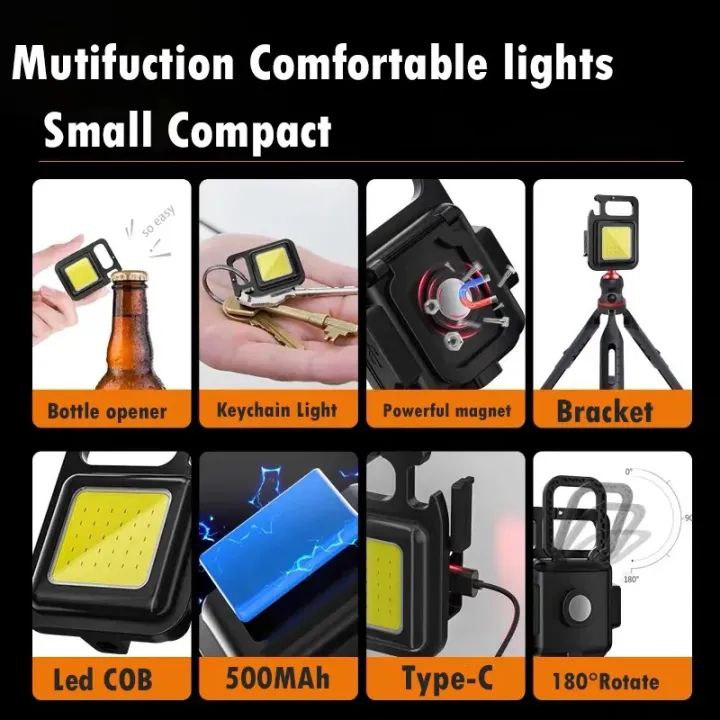 Mini LED Keychain Flashlights Multifunctional Portable COB Work Light USB Charging Camping Lamp Outdoor Torch Fishing Lantern