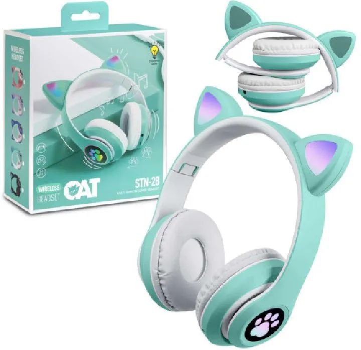 CAT STN-28 Over Ear Music Headset Glowing Ear Headphones Foldable Wireless BT5.0 Earphone with Mic AUX IN TF Card MP3 Player Colorful LED Lights for PC Laptop Computer Mobile Phone