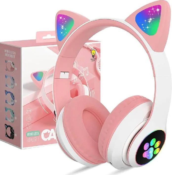 CAT STN-28 Over Ear Music Headset Glowing Ear Headphones Foldable Wireless BT5.0 Earphone with Mic AUX IN TF Card MP3 Player Colorful LED Lights for PC Laptop Computer Mobile Phone